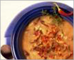 wild rice soup in blue bowl