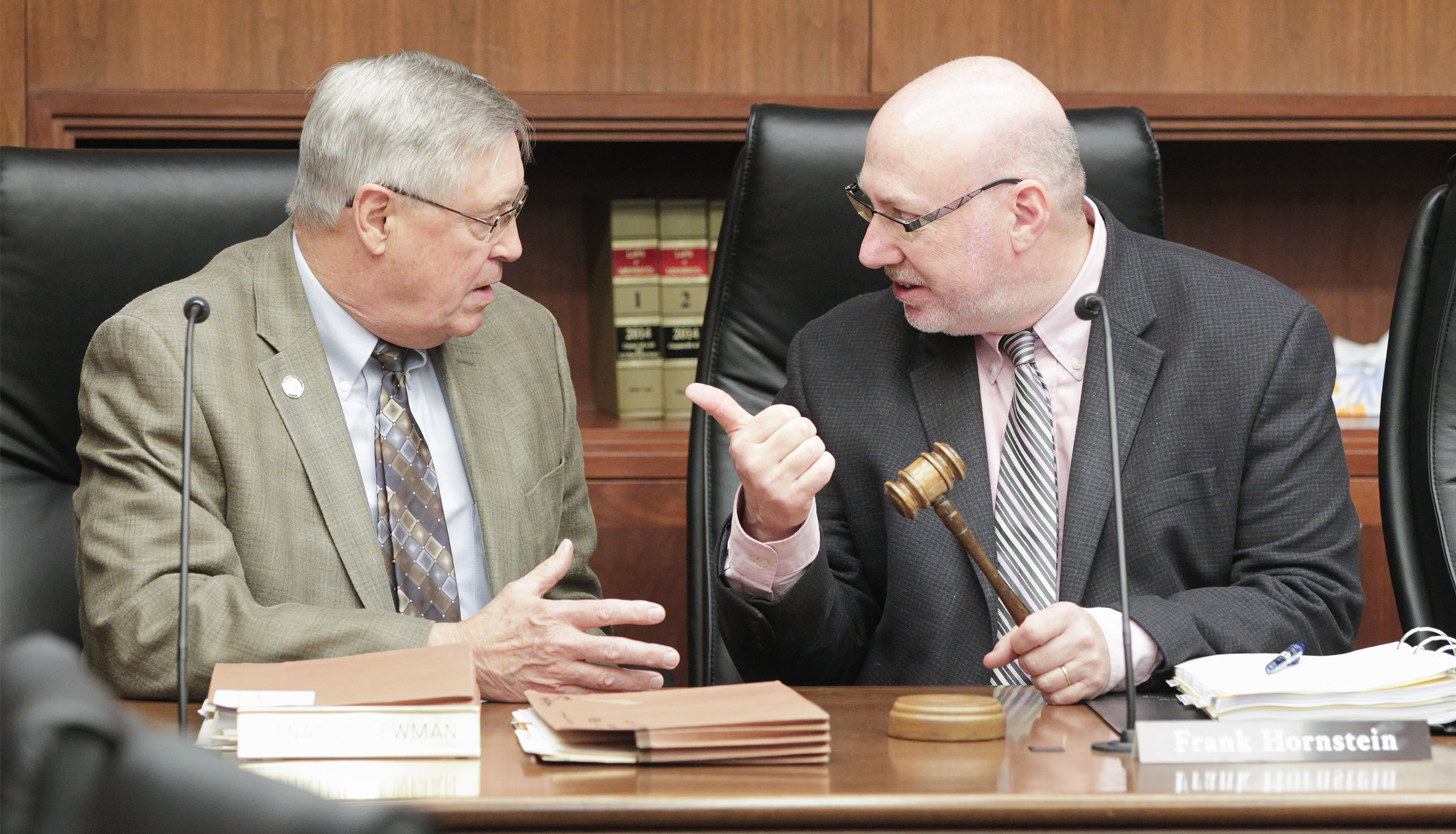 Senator Newman and Representative Hornstein sit next to each other and have a conversation. Representative Hornstein holds a gavel in his hand.