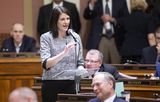 House Majority Leader Joyce Peppin stands at her podium and speaks into the standing microphone, gesturing with her hand. Other members are sitting at their desks in the background.