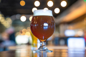 Craft beer on a table in a taproom