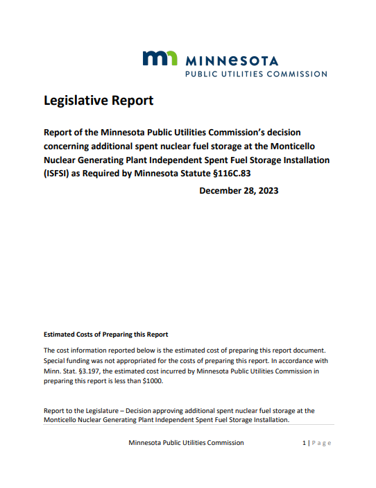 Cover of the 2023 Legislative Report from the Public Utilities Commission on additional spent nuclear fuel at Monticello