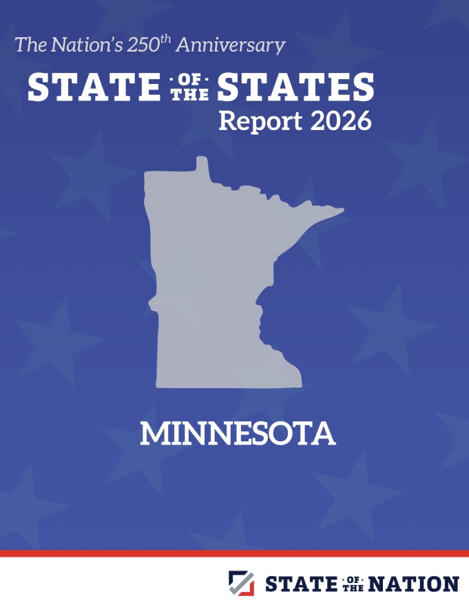 Cover of a report titled: "The Nation's 250th Anniversary State of the States Report 2026 Minnesota." The cover includes the outline of the state of Minnesota against a blue background with a star pattern.